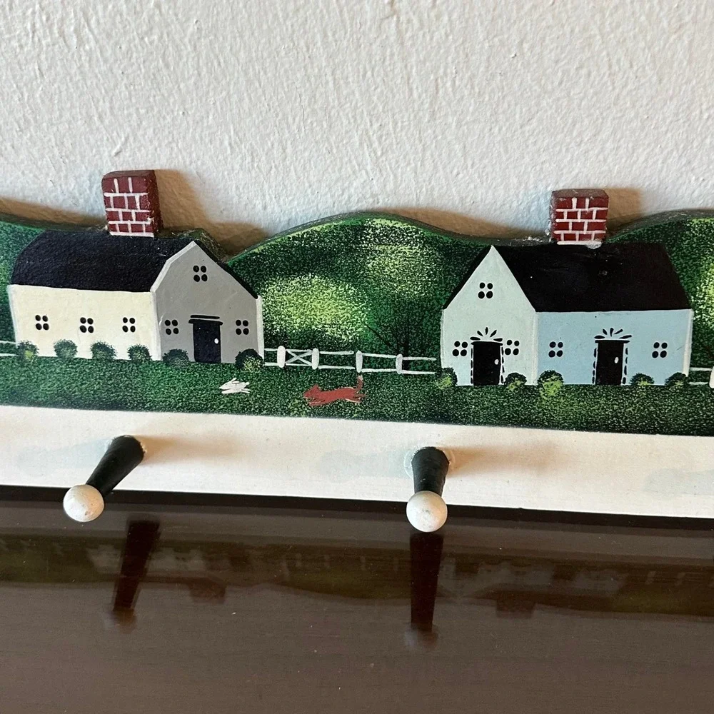 Vintage Folk Art Hand Painted Wood Wall Rack 5 Peg Village Scene Key Coat Hanger